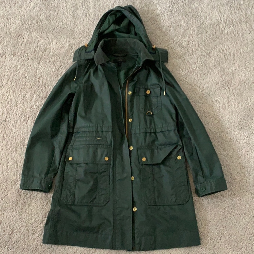 Gently worn - long green J Crew field coat with hood!